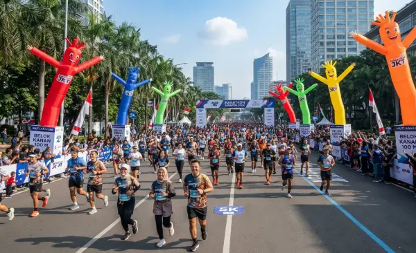 Balon Sky Dancer Bandung menjadi petunjuk arah jalan pada event marthon.