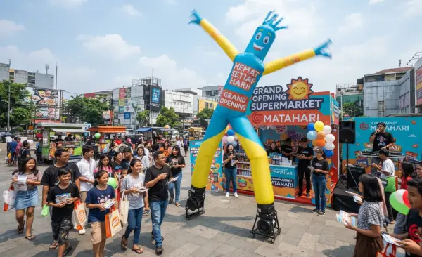 Balon Sky Dancer Karawang menjadi daya tarik produk pada kegiatan promosi.