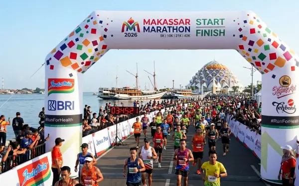 Balon promosi Makassar berupa balon gate yang digunakan sebagai gerbang pada acara lari marathon.