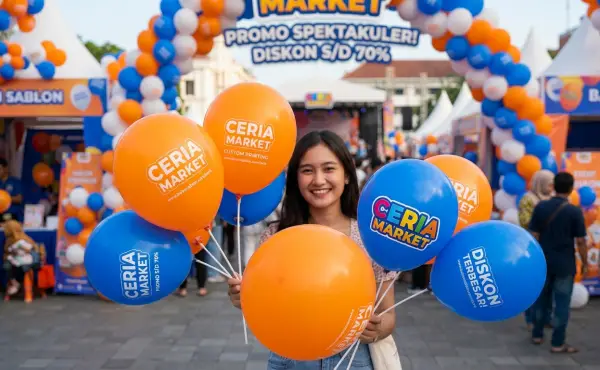 Balon promosi Banjarmasin berupa balon sablon berwarna biru dan oranye digunakan untuk mendukung kegiatan promosi dan menarik perhatian pengunjung.