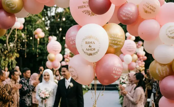 Dekorasi balon warna putih, merah muda, dan cokelat menghiasi acara pernikahan dengan pasangan pengantin berjalan di tengah tamu undangan.