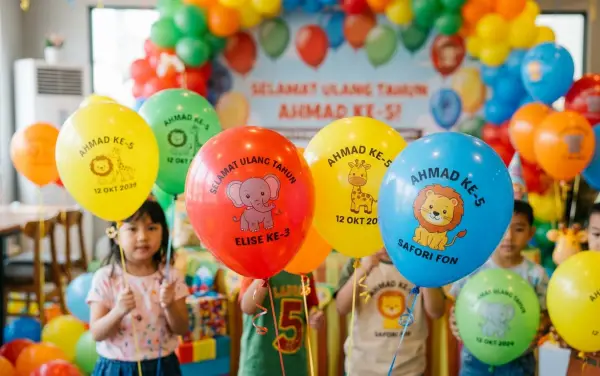 Balon sablon warna-warni dengan tulisan dan karakter digunakan untuk memeriahkan acara ulang tahun anak.