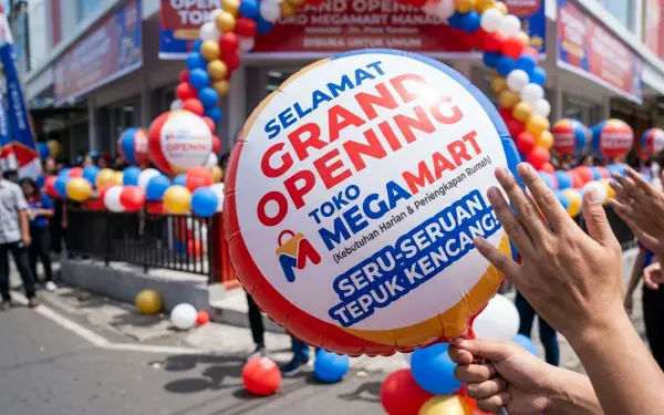 Balon sablon berbentuk bulat dengan tulisan Grand Opening digunakan untuk memeriahkan acara pembukaan toko
