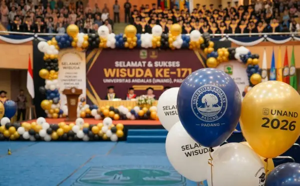 Dekorasi balon berwarna biru, putih, dan emas menghiasi panggung acara wisuda Universitas Andalas di Padang.