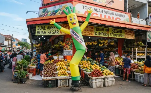 Sky dancer hijau menarik perhatian pengunjung di depan toko buah segar.