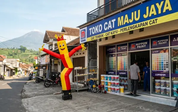 Sky dancer berbentuk figur manusia menarik perhatian pelanggan di depan toko cat.