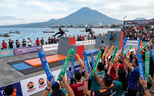 Balon tepuk Manado digunakan penonton untuk memberikan semangat saat menyaksikan pertunjukan parkour di kawasan tepi lau
