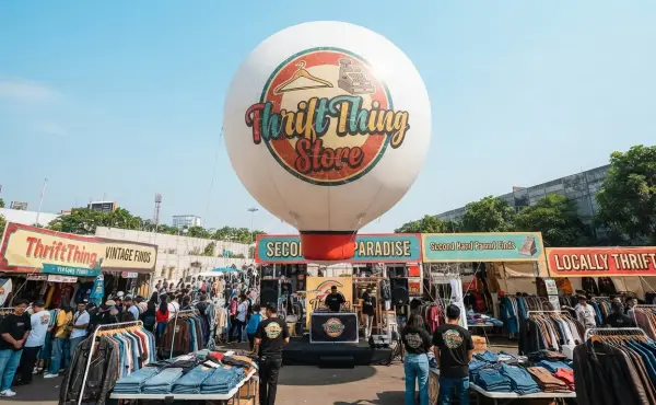 Balon udara berlogo Thrift Thing Store berdiri di tengah area bazar pakaian yang ramai oleh pengunjung dan pedagang.