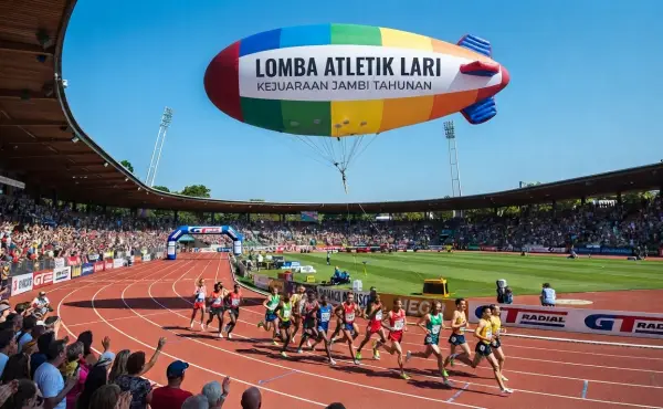 bertuliskan Lomba Atletik Lari Kejuaraan Jambi Tahunan melayang di atas lintasan perlombaan.