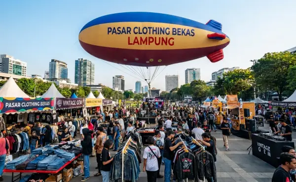 Balon udara Lampung berbentuk kapal udara dengan tulisan Pasar Clothing Bekas di tengah keramaian bazar