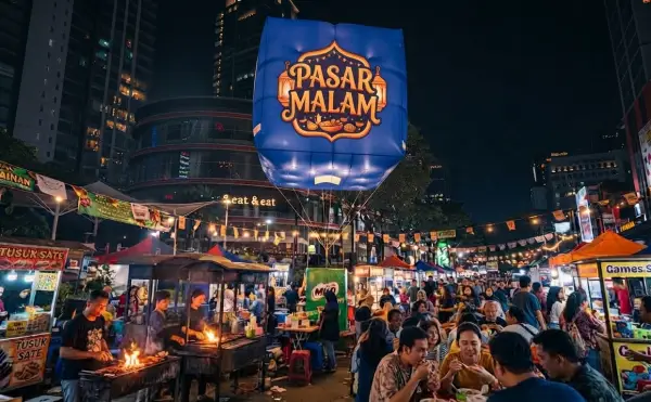 Balon udara Manado digunakan untuk menarik perhatian pengunjung di tengah keramaian pasar malam dengan berbagai stan kuliner.